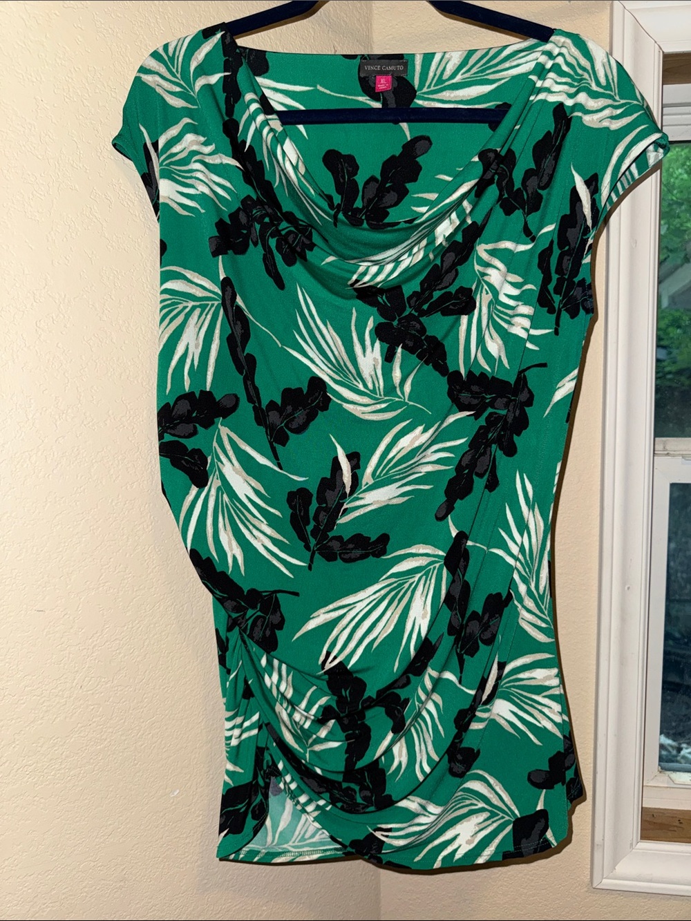 Vince Camuto Emerald Green Tropical Leaf Drape Neck Top